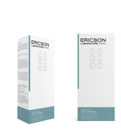 Embalagem do produto Ericson Laboratoire Paris Slim' & Fit Body Expertise em branco com detalhes azuis