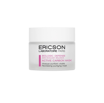 Frasco branco de máscara facial Ericson Laboratoire Paris com texto preto e rosa.