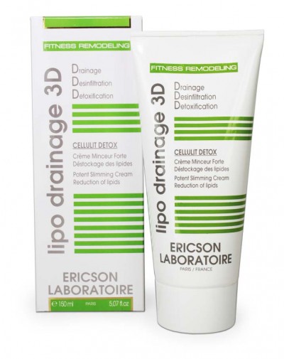 Tubo e caixa de creme lipo drainage 3D da Ericson Laboratoire branco com detalhes verdes