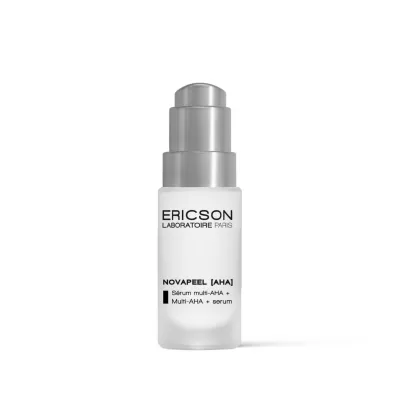Frasco branco fosco com tampa prata contendo sérum ERICSON LABORATOIRE PARIS NOVAPEEL [AHA]