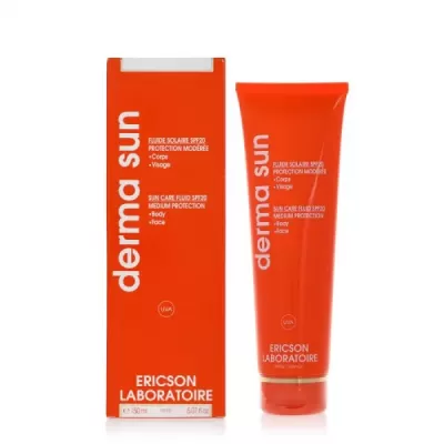 Fluido solar Derma Sun em embalagem e tubo vermelhos com texto branco