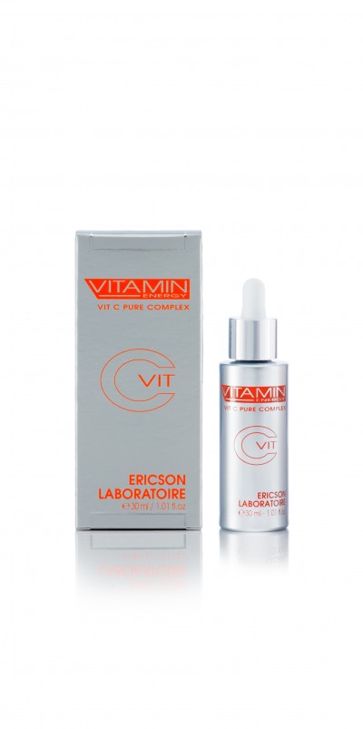Sérum facial VITAMIN Energy Vit C Pure Complex da Ericson Laboratoire com embalagem prateada e texto laranja