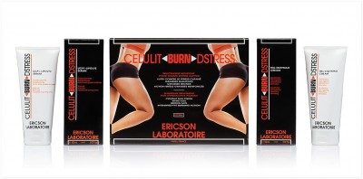 Produtos cosméticos ERICSON LABORATOIRE CELLULIT BURN DSTRESS com caixas e tubos nas cores preto, branco e vermelho