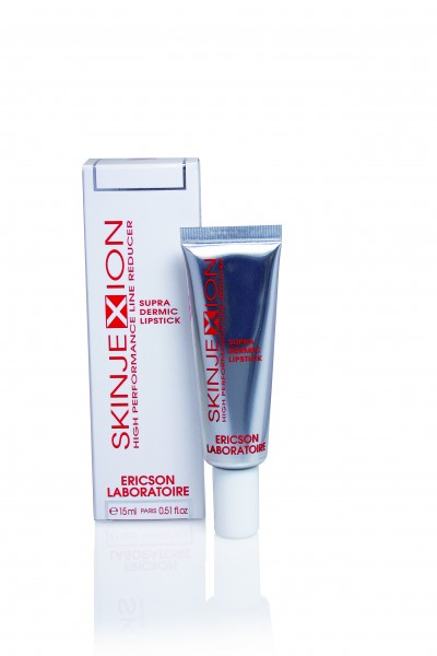 Tubo metálico prateado de SKINJEXION Supra Dermic Lipstick com embalagem branca ao lado