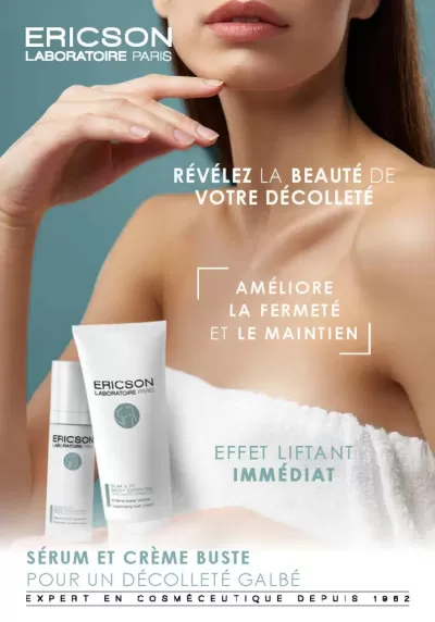 Produtos cosméticos Ericson Laboratoire Paris junto ao pescoço e peito de mulher com toalha branca
