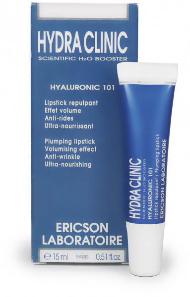 Embalagem azul com texto branco de batom Hydra Clinic Hyaluronic 101