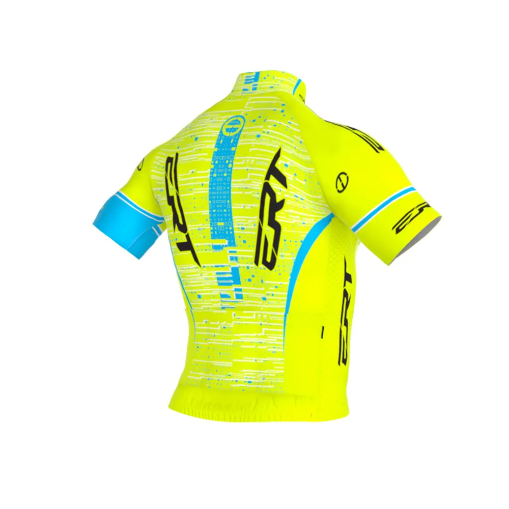 Camisola de ciclismo amarela e azul com padrões gráficos e letras ERT
