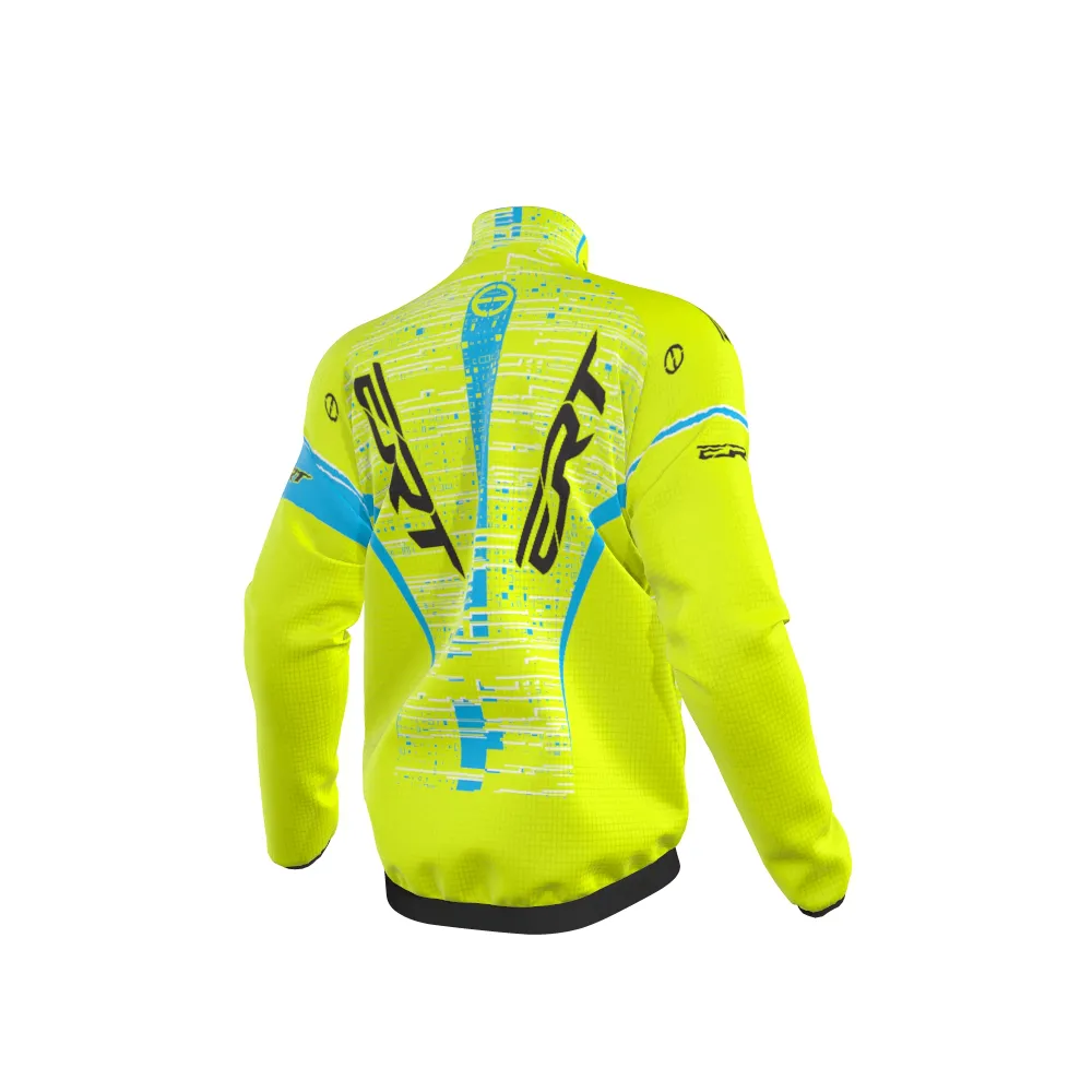 Casaco desportivo amarelo fluorescente com detalhes azuis e pretos visto por trás