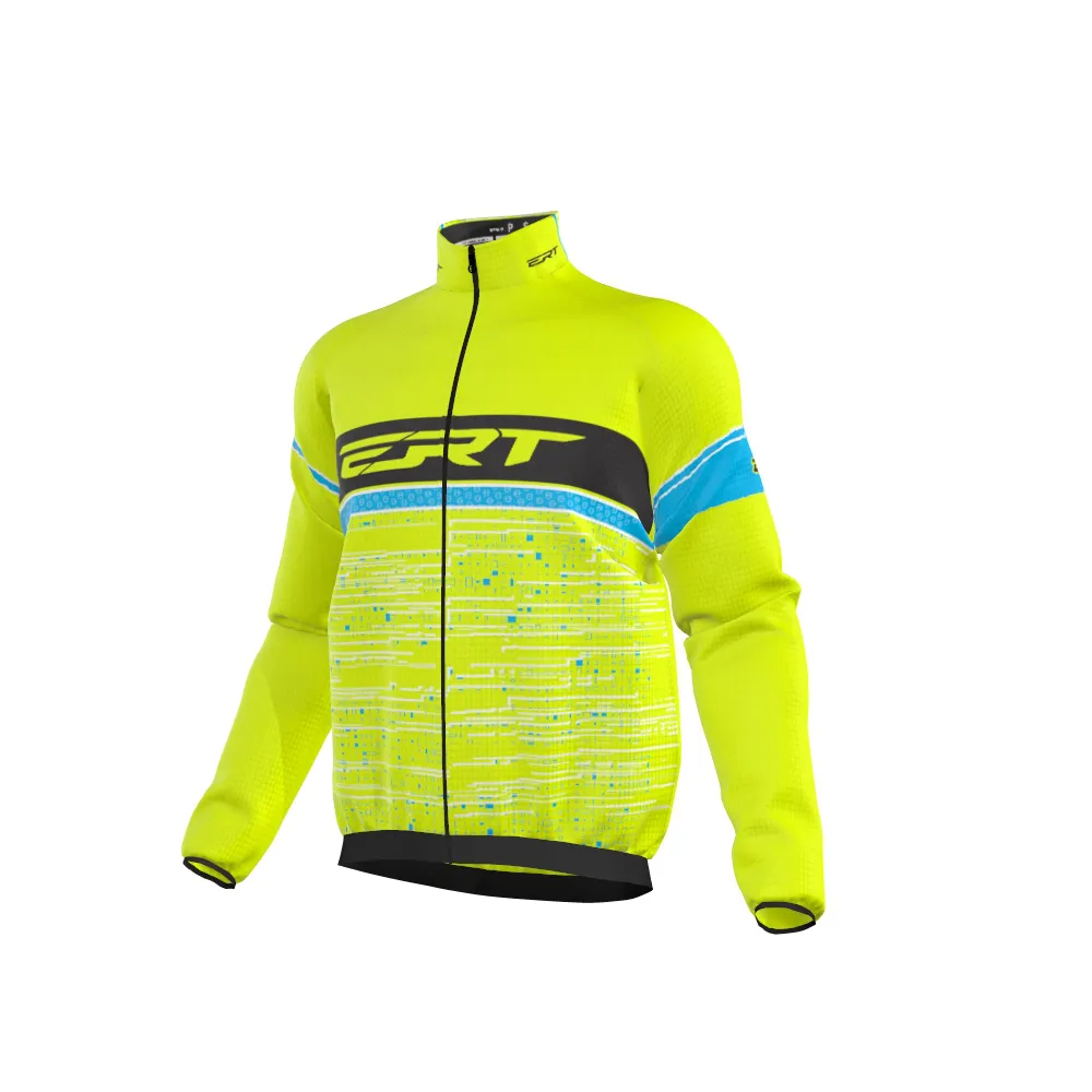 Casaco de ciclismo amarelo fluorescente com detalhes azuis e pretos