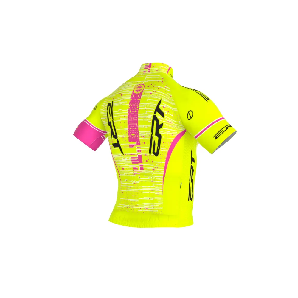 Camisola de ciclismo amarela fluorescente com detalhes em rosa e preto