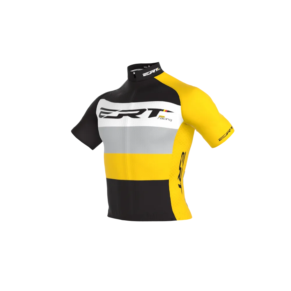 JERSEY NEW ELITE ERT PRO RACING VANERT T-shirt de ciclismo com listras em preto, cinza, branco e amarelo e texto 'Sprint Racing'