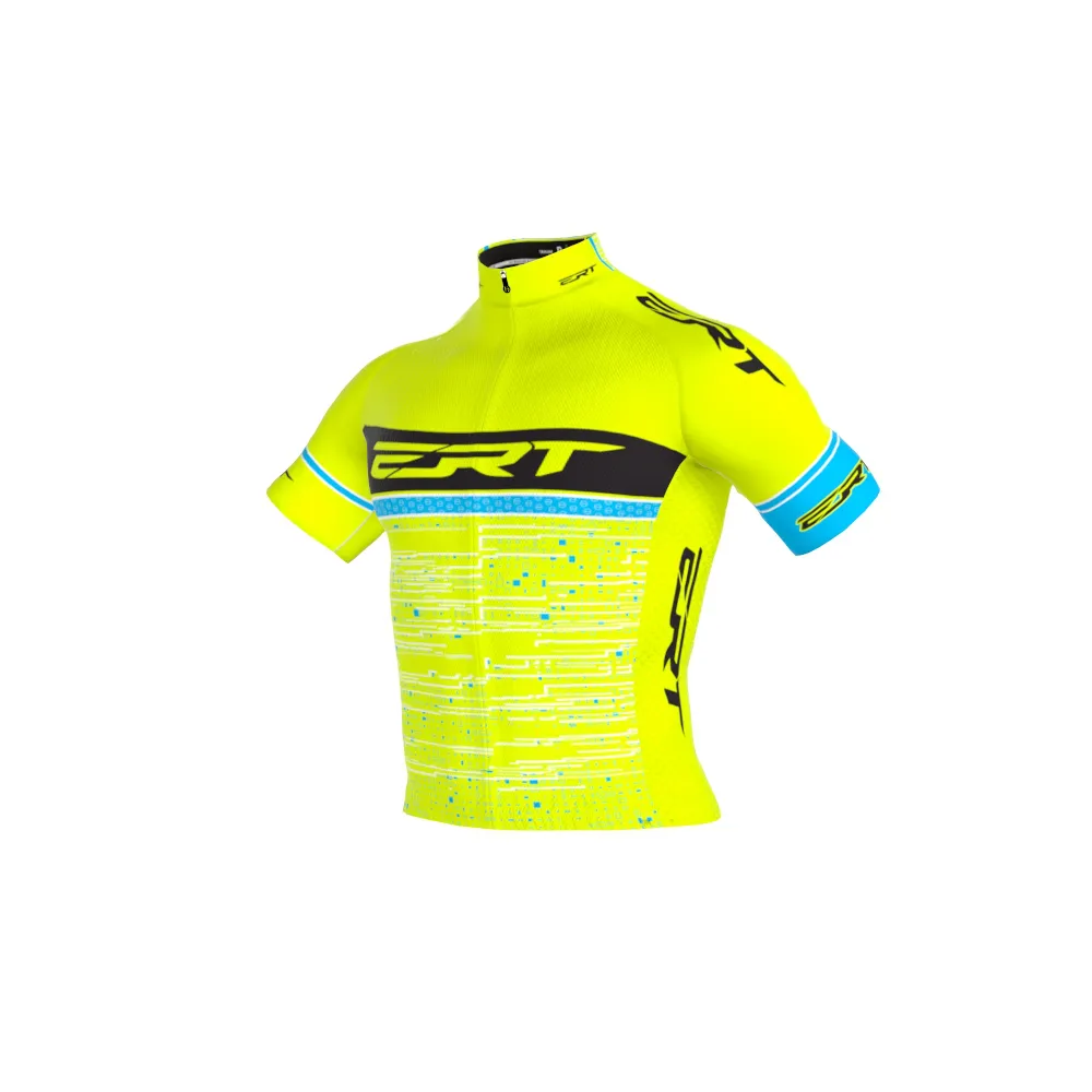 Camisola de ciclismo amarela com logótipo ERT em preto e branco