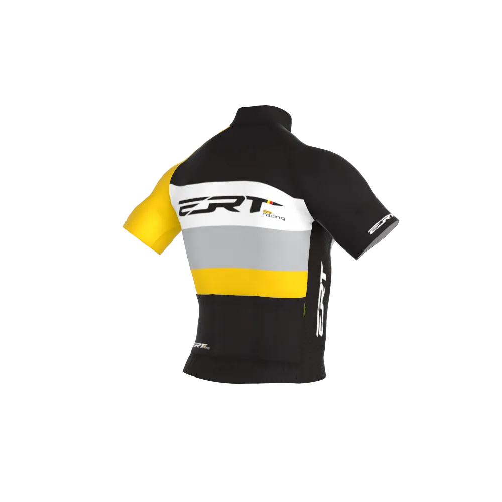 JERSEY NEW ELITE ERT PRO RACING VANERT Camisola de ciclismo preta, amarela e cinza com faixas horizontais e texto ZRT Racing
