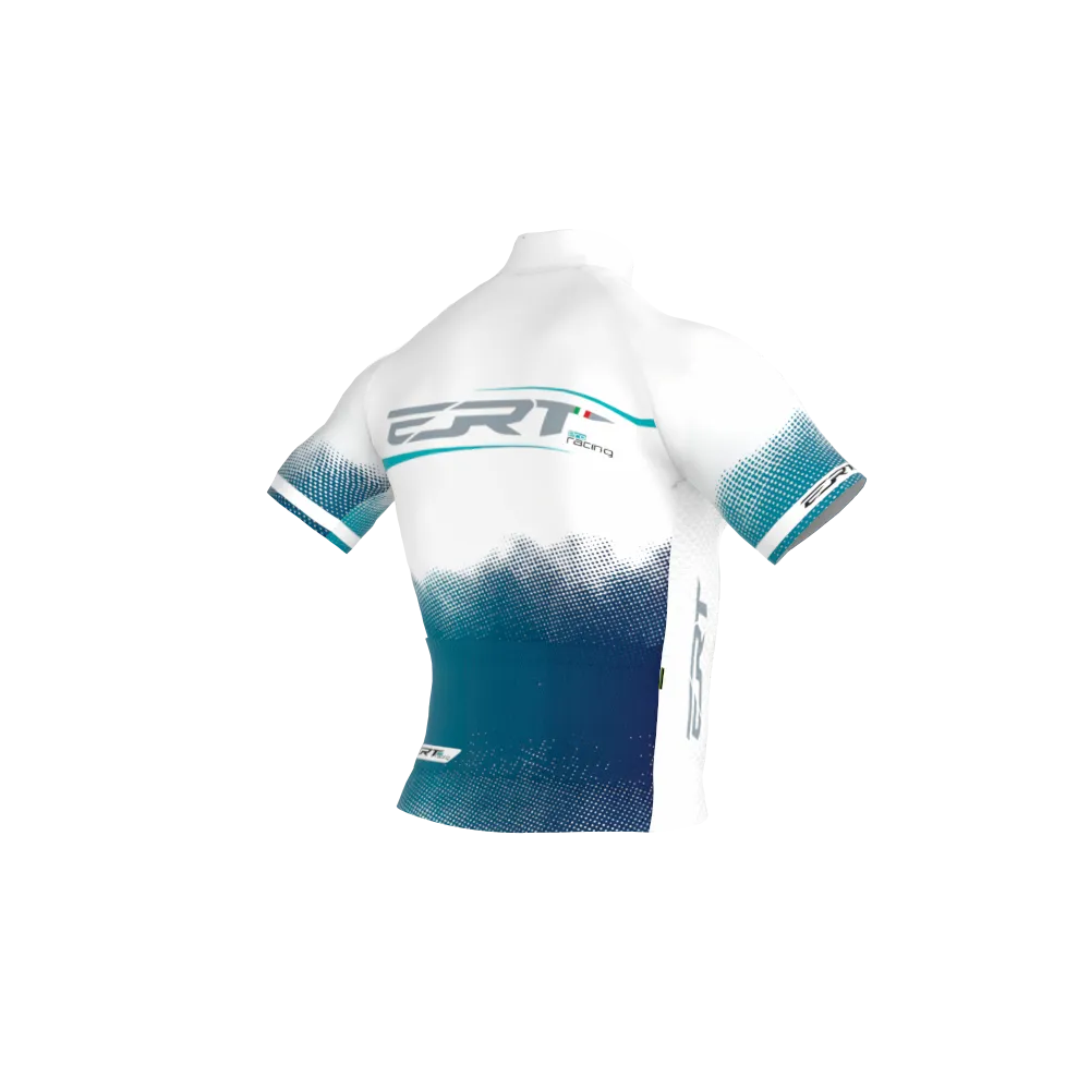 JERSEY NEW ELITE ERT PRO RACING MILANO Camisola ciclismo branca e azul com padrão degradê e texto GRT Racing nas costas