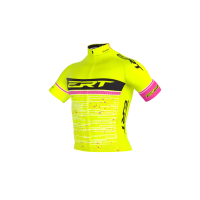 Camisola de ciclismo amarela, rosa e preta com texto ERT