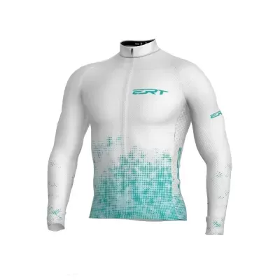 Camisola desportiva branca de manga comprida com padrão azul e logótipo ERT
