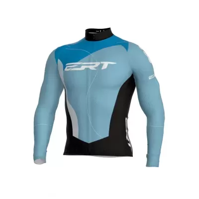 Camisola desportiva de manga comprida azul claro e preta com logo 2RT branca