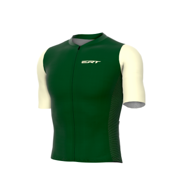 Camisola desportiva verde escuro com mangas curtas bege e logotipo branco SRT