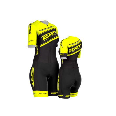 Macacão ciclismo feminino amarelo fluorescente e preto com texto CRT CYCLING
