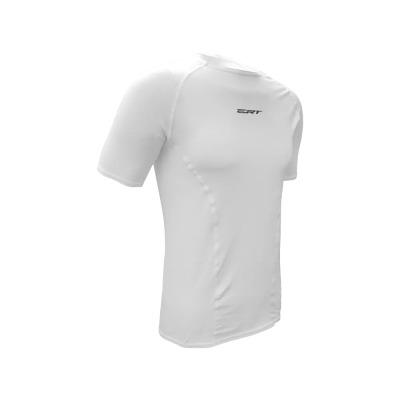 Camiseta desportiva branca de manga curta com logótipo preto