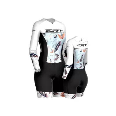 Macacão de ciclismo feminino branco e preto com padrões florais e texto 'CRT'