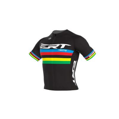 Camisola ciclismo preta com faixas coloridas e texto ERT Racing