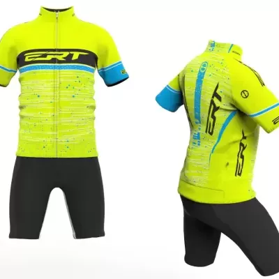 Conjunto de ciclismo amarelo fluorescente com azul e preto, incluindo camisola de manga curta e calções pretos