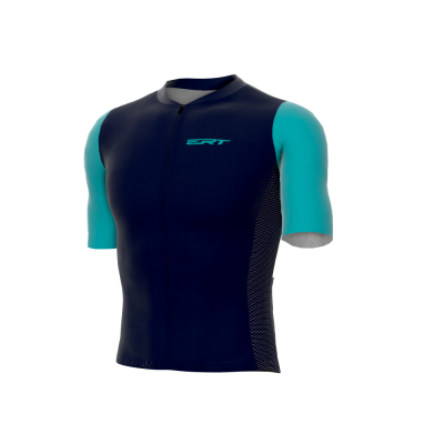 Camisola de ciclismo azul escuro com mangas azuis claras e logo SRT
