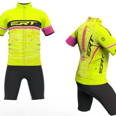 Conjunto de roupa de ciclismo amarela com rosa e preto e calções pretos