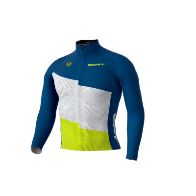 Camisola de ciclismo azul, branco e amarelo com padrão geométrico e logótipo SEAT
