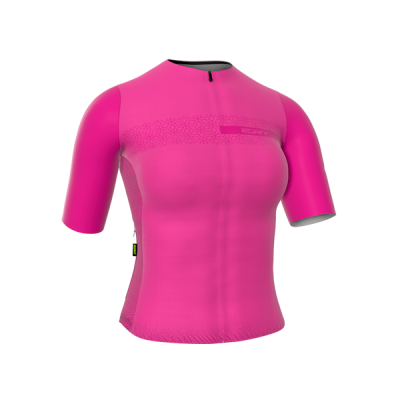 Camisola ciclismo manga curta rosa com padrão decorativo no peito e fecho frontal