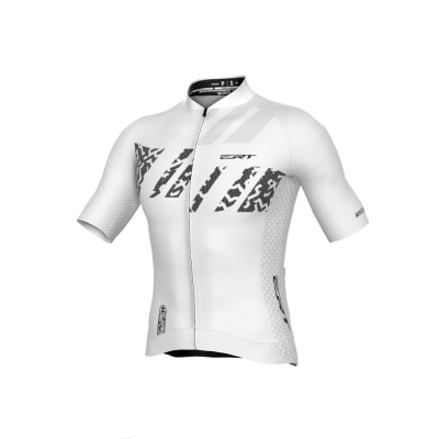 Camisola de ciclismo branca com padrões pretos e fecho frontal