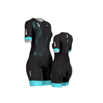Roupa ciclismo feminina preta com detalhes azul turquesa e padrão de pontos azuis