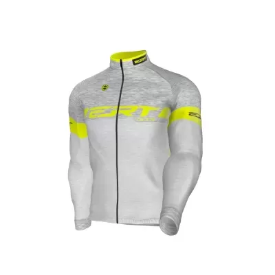 Camisola de ciclismo de manga comprida cinzento claro e branco com detalhes amarelo fluorescente