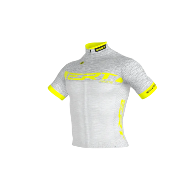 Camisola de ciclismo cinza claro e amarelo-fluorescente com fecho e inscrições