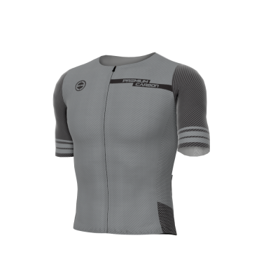 Camisola de ciclismo cinza com padrão de fibra de carbono e texto 'PREMIUM CARBON'