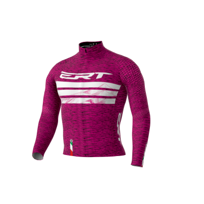 Camisa de ciclismo rosa de manga comprida com logotipo CRT branco e faixas horizontais brancas no peito