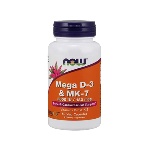 Mega D3 & MK7 5000IU / 180mcg - 60 Cápsulas Vegetais Now Frasco de suplemento NOW Mega D-3 & MK-7 com rótulo laranja e branco