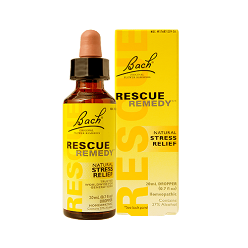 Rescue Remedy 20ml Floral Bach frasco de remédio Rescue Remedy Bach com conta-gotas junto à caixa amarela