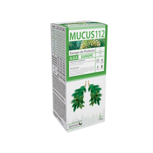 Mucus112 150ml Embalagem de xarope de pinheiro MUCUS112 com imagens de folhas verdes e texto em português