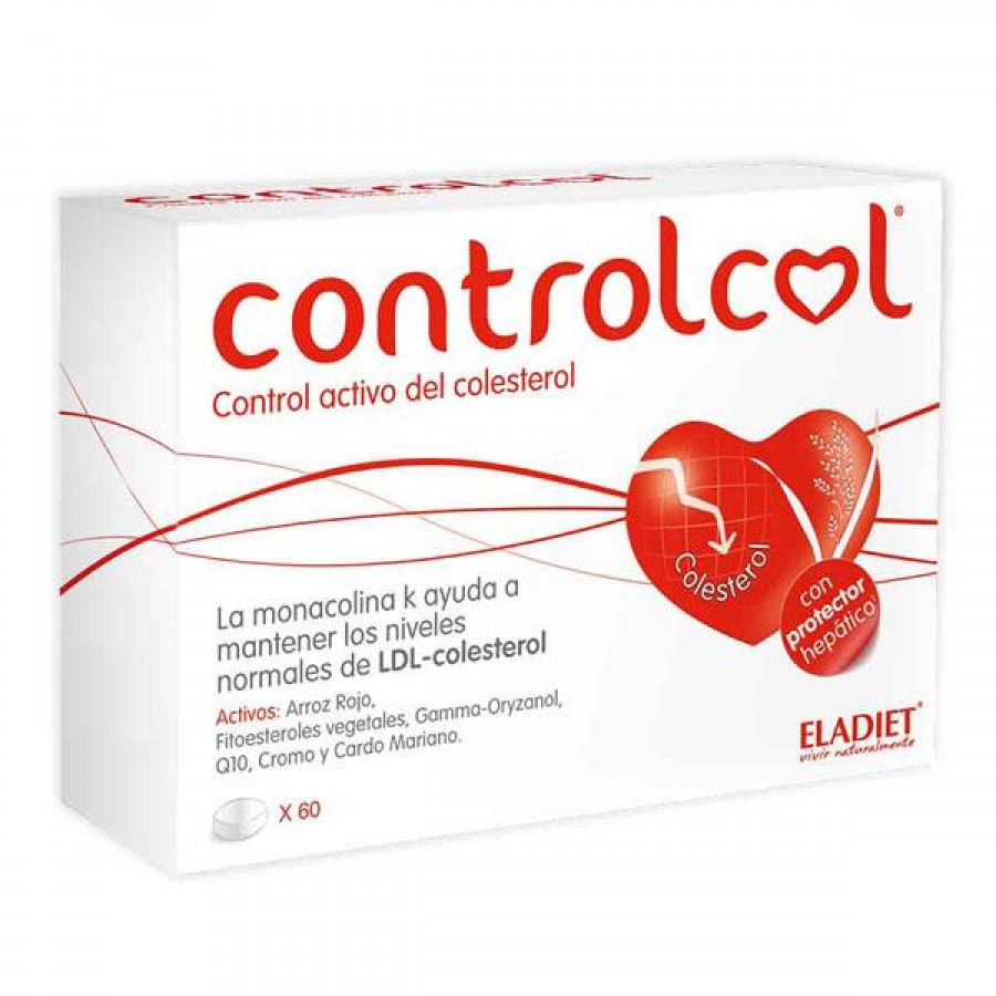 Controlcol - 60 Comprimidos Eladiet Embalagem branca de suplemento Controlcol com coração vermelho e texto em espanhol