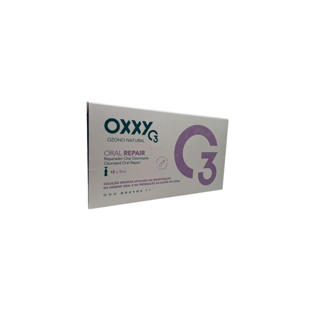 Oxxy O3 Oral Repair 15 ampolas Embalagem branca do OXXY G3 ORAL REPAIR com texto lilás e preto