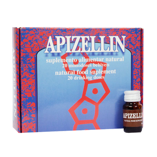 Apizellin - 20 Monodoses Bebíveis Natiris Caixa azul e vermelha com suplemento alimentar natural Apizellin e pequeno frasco castanho.