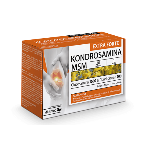 Kondrosamina MSM Extra Forte - 20 Carteiras Dietmed Embalagem de suplemento Kondrosamina MSM Extra Forte com Glucosamina e Condroitina sabor ananás
