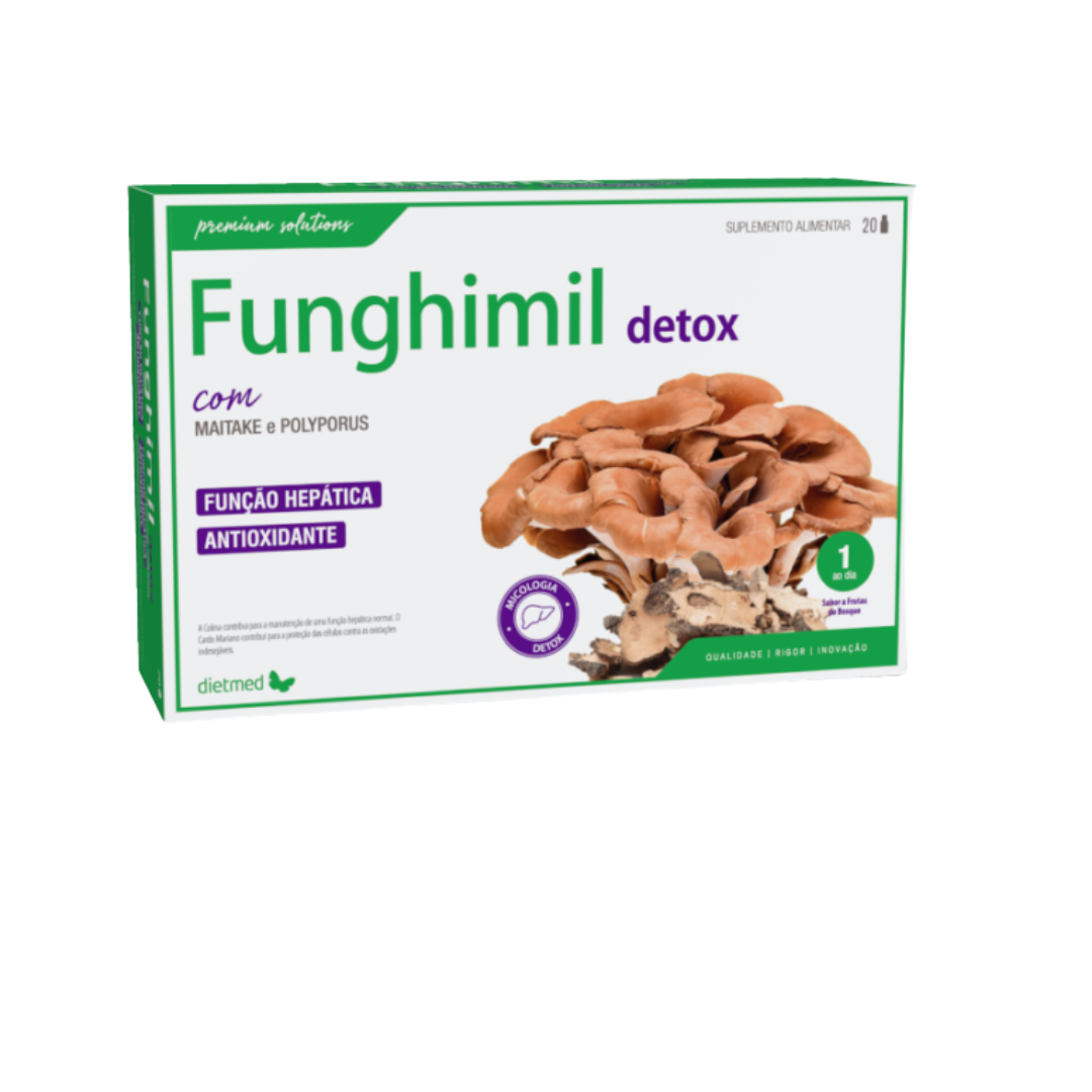 Funghimil Detox – 20 ampolas – DietMed Embalagem do suplemento Funghimil detox com imagem de cogumelos e texto informativo