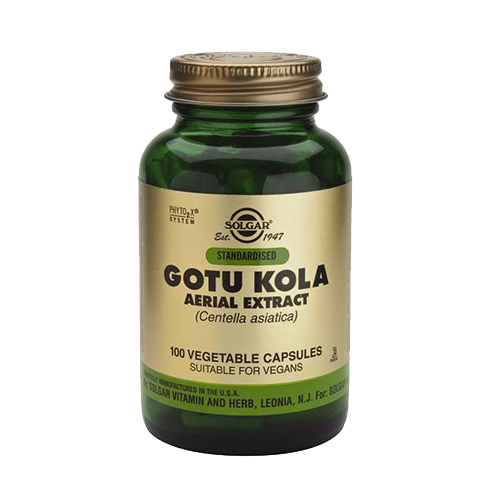 Gotu Kola Extrato Centelha Asiática 100 Cápsulas Solgar Frasco verde de suplemento Solgar Gotu Kola com rótulo dourado