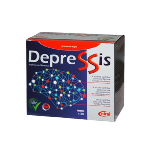 Depressis - 30 Ampolas Niral Caixa de suplemento alimentar Depressis com design azul, branco e vermelho e ilustração de cérebro