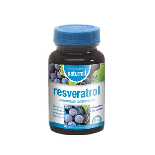 Resveratrol 400mg - 60 Cápsulas Naturmil Frasco de suplemento Resveratrol com rótulo azul, branco e imagens de uvas