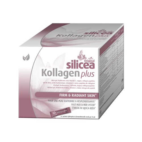Original Silicea Kollagen Plus - 30 Saquetas Hubner Caixa rosa e branca de Silicea Kollagen Plus para pele firme e radiante