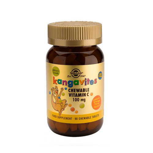 Kangavites Vitamina C 100mg - 90 Comprimidos Mastigáveis Solgar frasco castanho de suplemento com rótulo amarelo e tampa dourada